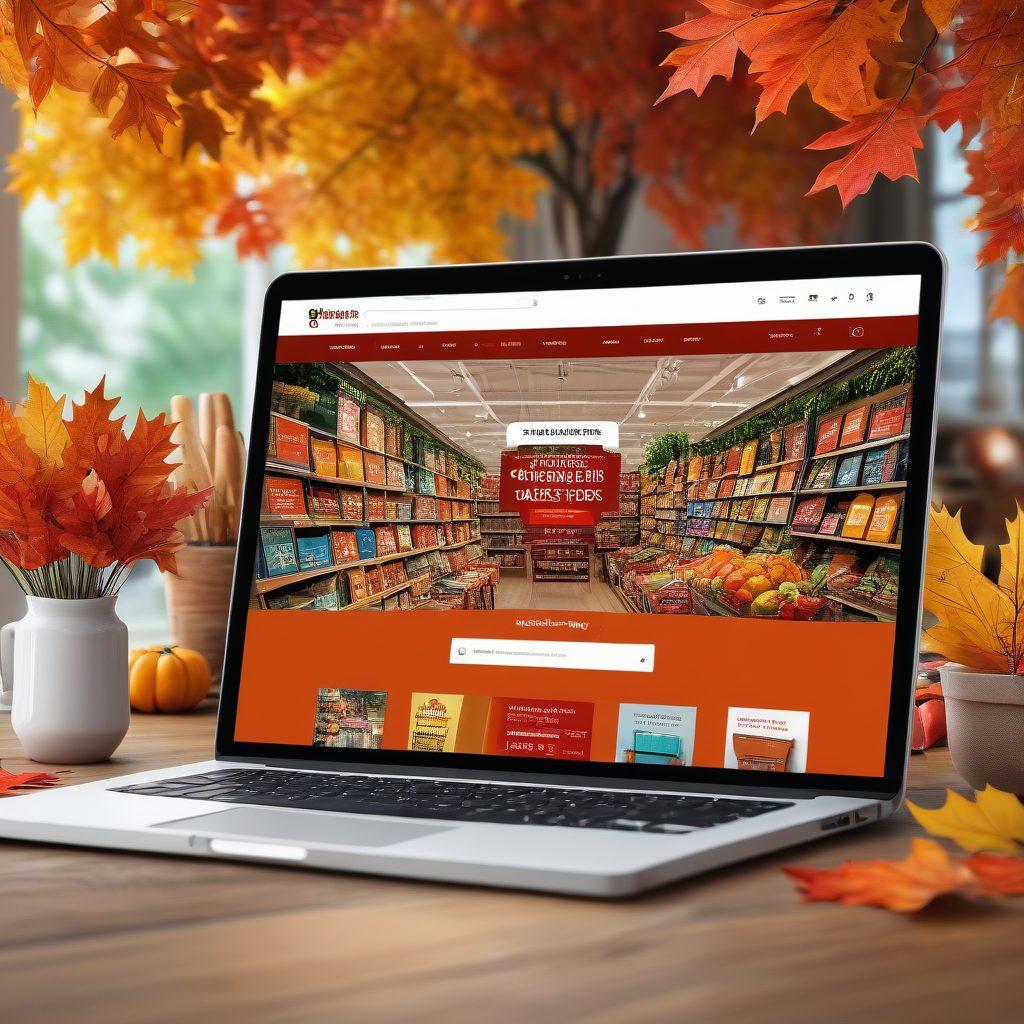 A bustling e-commerce scene showcasing Peavy Mart's website on various devices, with vibrant seasonal banners and exciting sale tags prominently displayed. Include diverse shoppers happily browsing and adding items to their carts, surrounded by autumn leaves and festive decorations reflecting seasonal changes. Emphasize a sense of excitement and innovation in online shopping. super-realistic. vibrant colors. 3D.